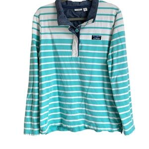 Vintage L.L. Bean Rugby Long Sleeve Polo White Blue Stripe sz M